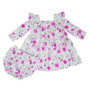 Sweet Bamboo Purple Flowers Ruffle Dress w/ Bloomer